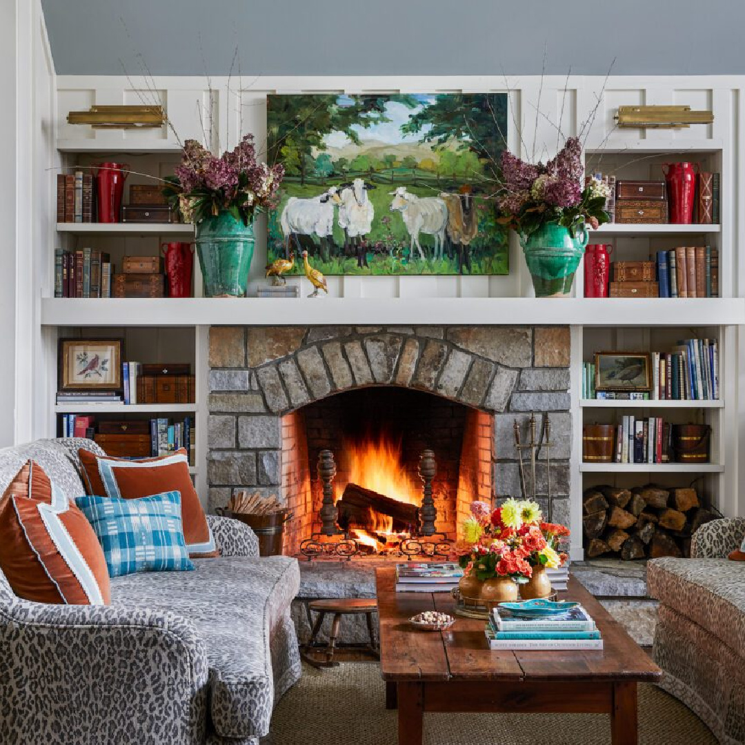 Cozy cottage living room with fireplace from James Farmer and his book CELEBRATING HOME (Gibbs Smith, 2022). #fallflorals #jamesfarmer #southernfall