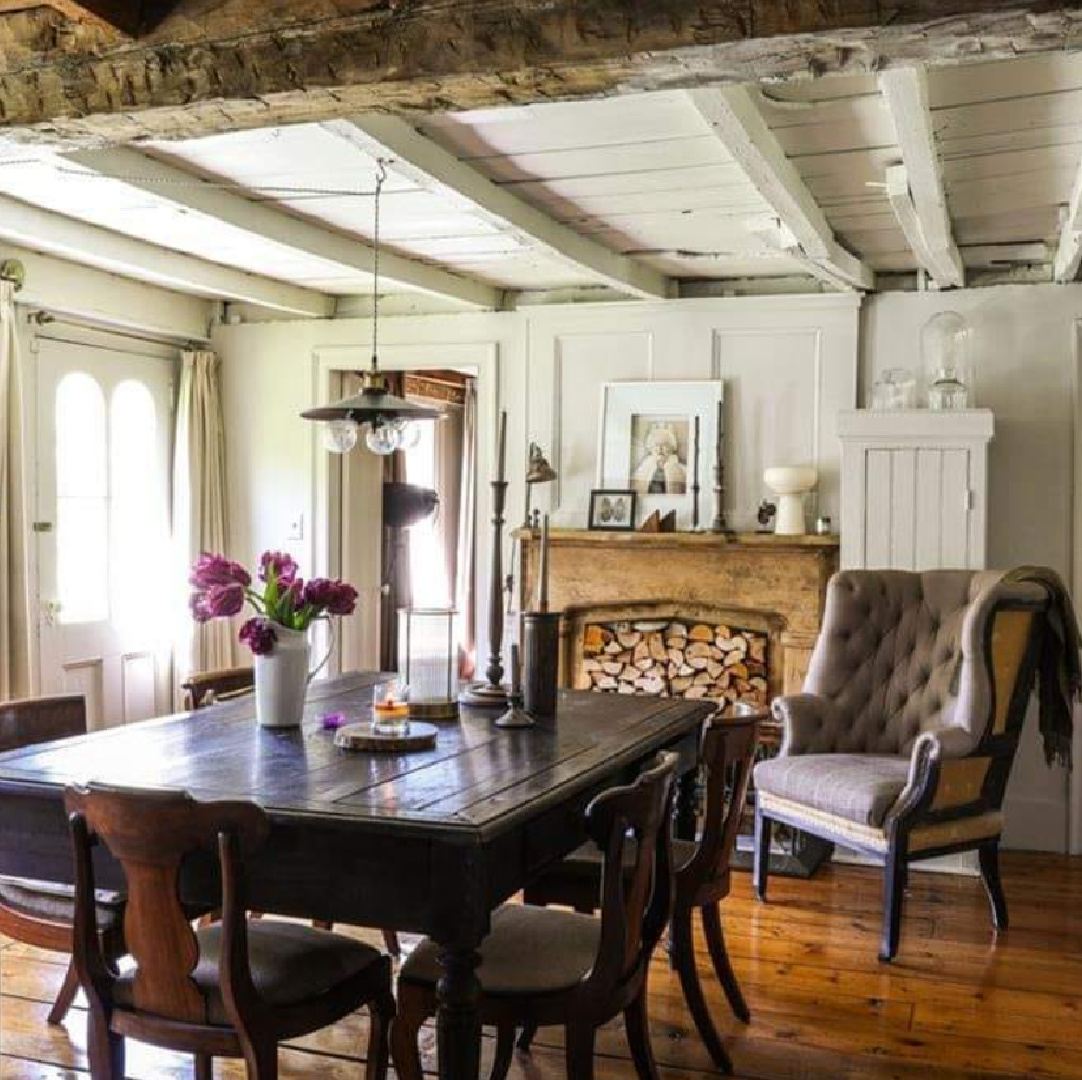 Dining room in rustic farmhouse in New York in its undone, rustic, charming, tumbledown lovely weathered wabi sabi state. #americanfarmhouse #countryhouses #newyorkfarmhouse