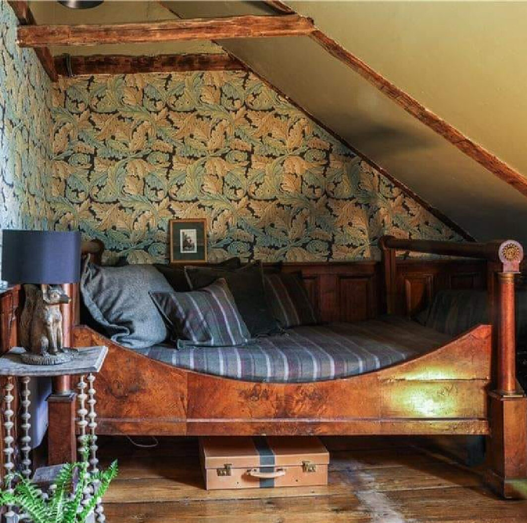 Bed nook in rustic farmhouse in New York in its undone, rustic, charming, tumbledown lovely weathered wabi sabi state. #americanfarmhouse #countryhouses #newyorkfarmhouse