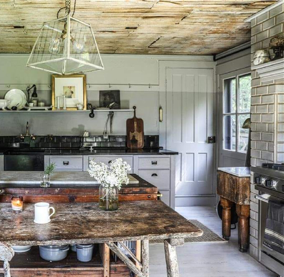 Kitchen in rustic farmhouse in New York in its undone, rustic, charming, tumbledown lovely weathered wabi sabi state. #americanfarmhouse #countryhouses #newyorkfarmhouse