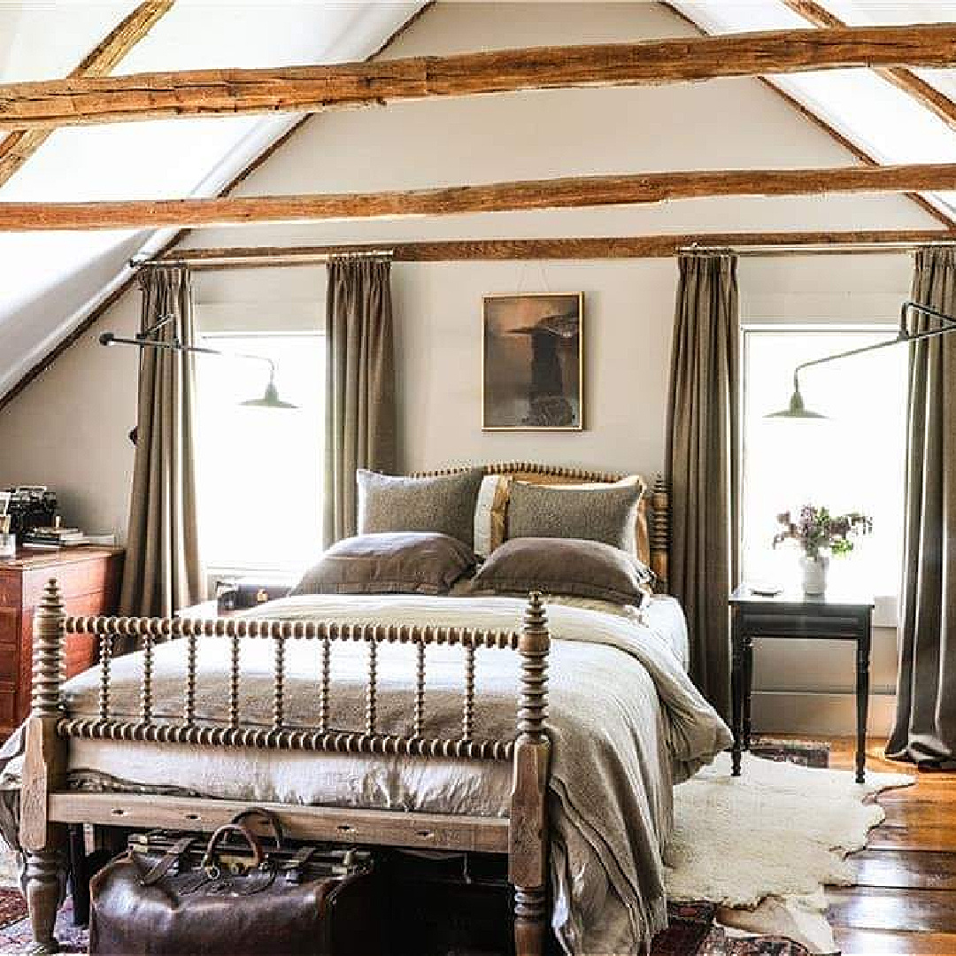 Bedroom in rustic farmhouse in New York in its undone, rustic, charming, tumbledown lovely weathered wabi sabi state. #americanfarmhouse #countryhouses #newyorkfarmhouse