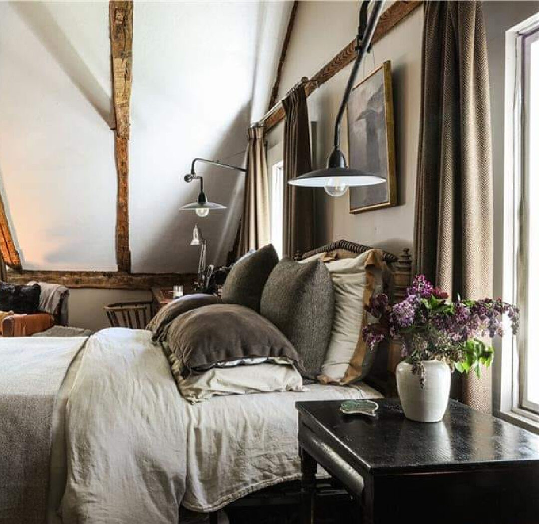 Bedroom in rustic farmhouse in New York in its undone, rustic, charming, tumbledown lovely weathered wabi sabi state. #americanfarmhouse #countryhouses #newyorkfarmhouse