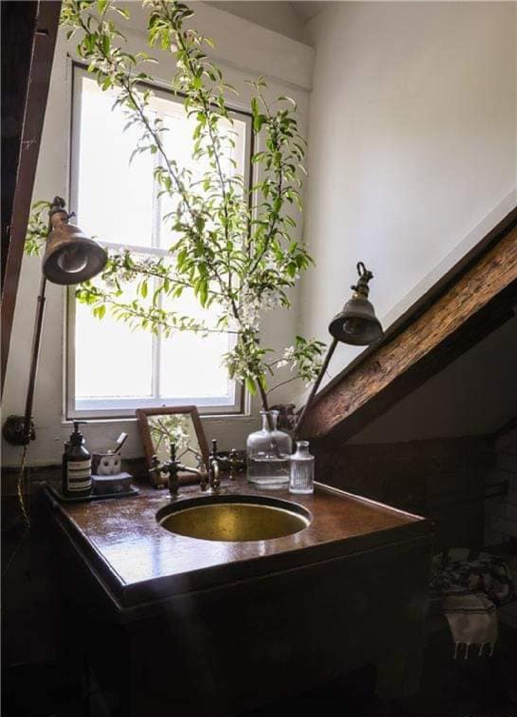 Bathroom in rustic farmhouse in New York in its undone, rustic, charming, tumbledown lovely weathered wabi sabi state. #americanfarmhouse #countryhouses #newyorkfarmhouse