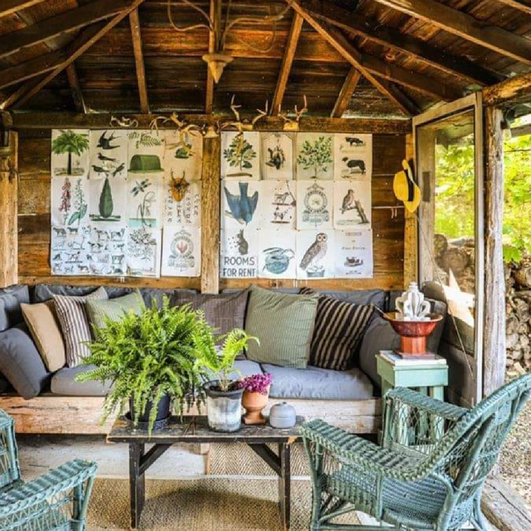 Outdoor room at a rustic farmhouse in New York in its undone, rustic, charming, tumbledown lovely weathered wabi sabi state. #americanfarmhouse #countryhouses #newyorkfarmhouse